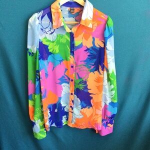 Shein Colorful Artsy Oversize Button Up Blouse Boho Chiffon Sheer Disco